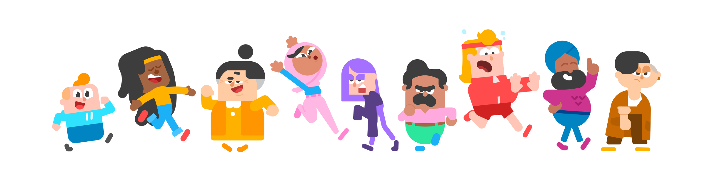 Duolingo characters jumping in a line